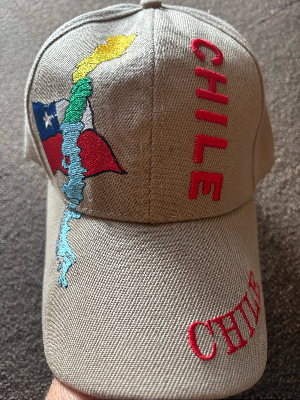 Tan Chile Embroidered Baseball Cap with Red Lettering